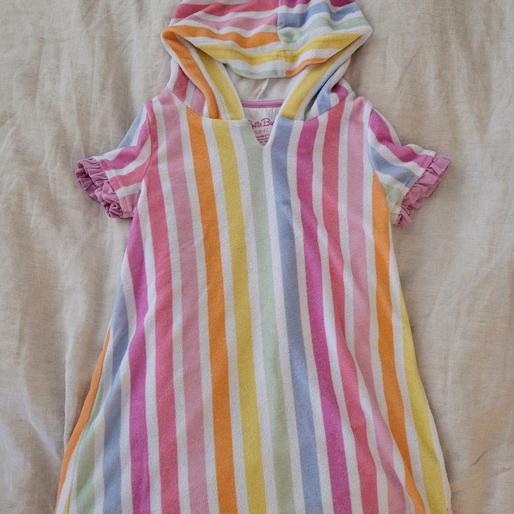Ruffle Butts Rainbow Stripe Hooded Terry Dress - Pink, Yellow, Blue, Purple